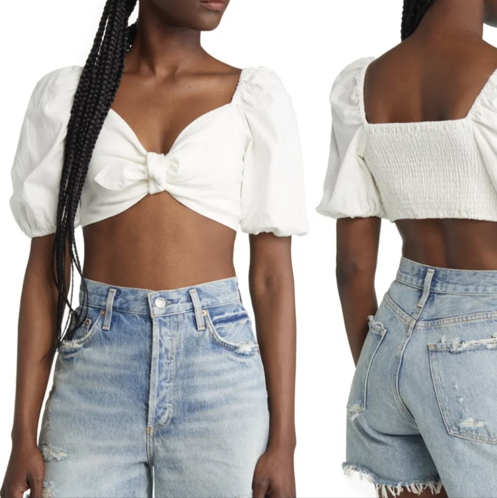 WAYF Knot Front Linen Blend Crop Top